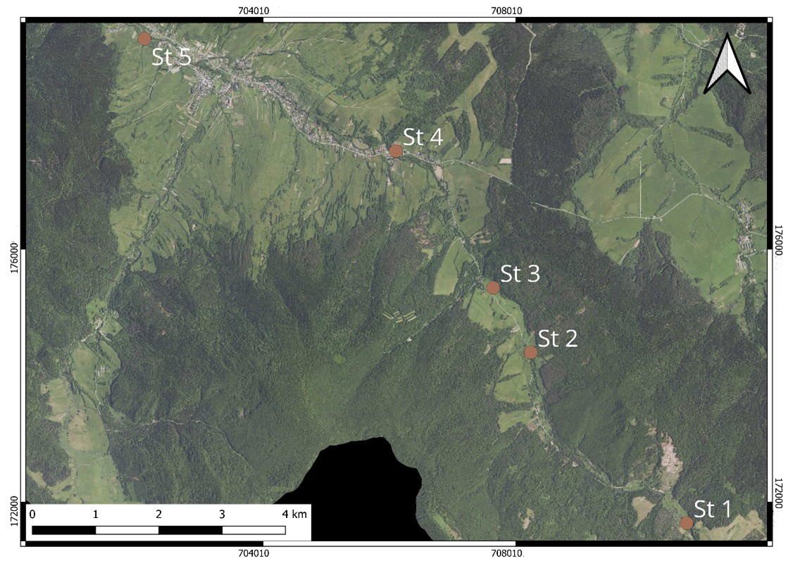 Rysunek 1. Poglądowa mapa terenu badań górnych partii rzeki Jasiołki